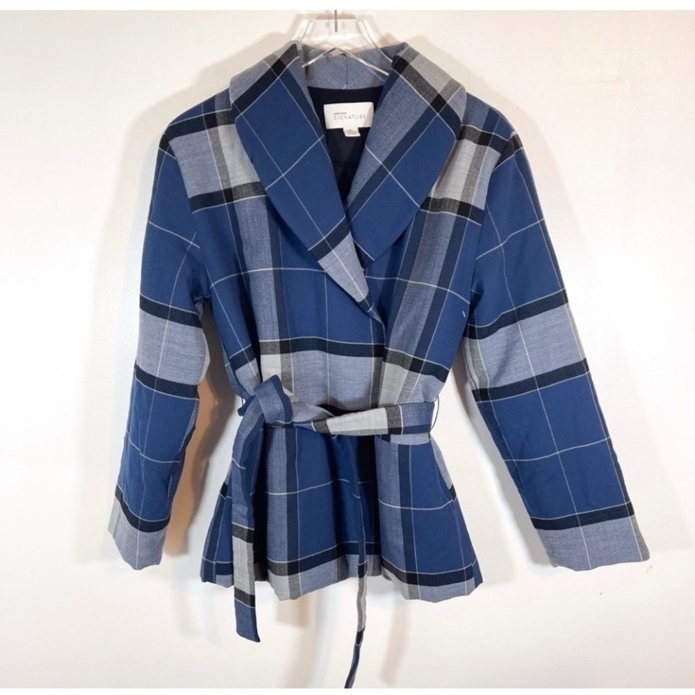 Nordstrom Signature Blue Plaid Wrap Jacket Shawl Collar Belted XS